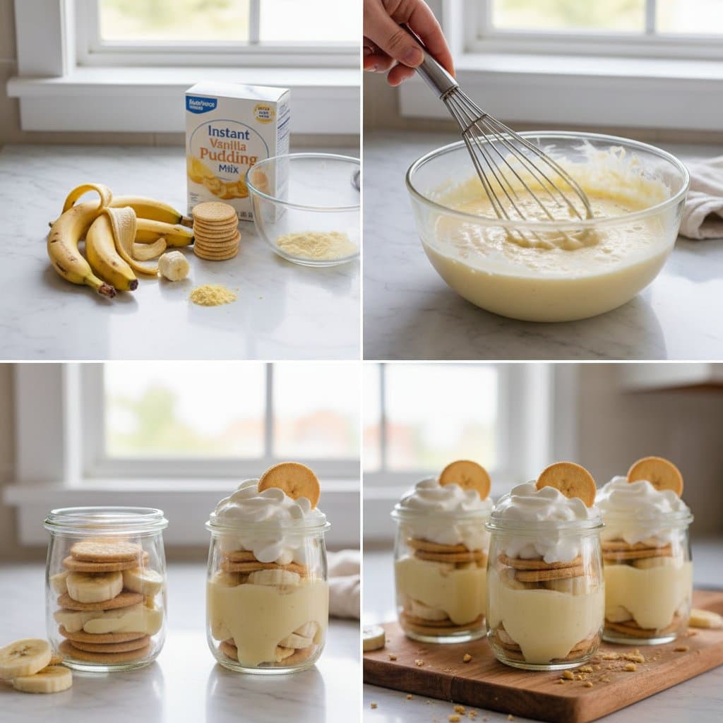Step by step process of making banana pudding cups