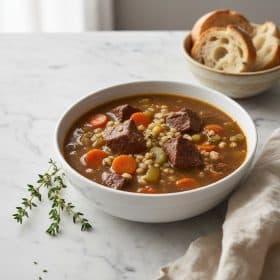 Beef barley soup in a white ceramic bowl on marble