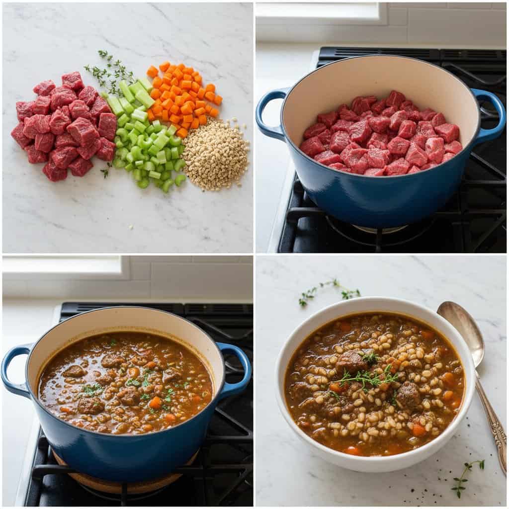 Step by step process for making Beef Barley Soup