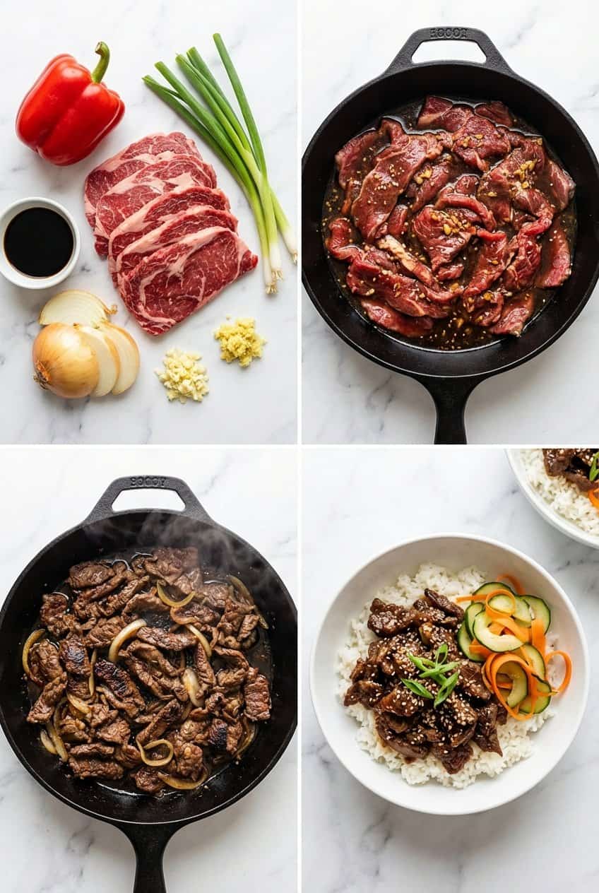 Step by step process for making Beef Bulgogi Bowls