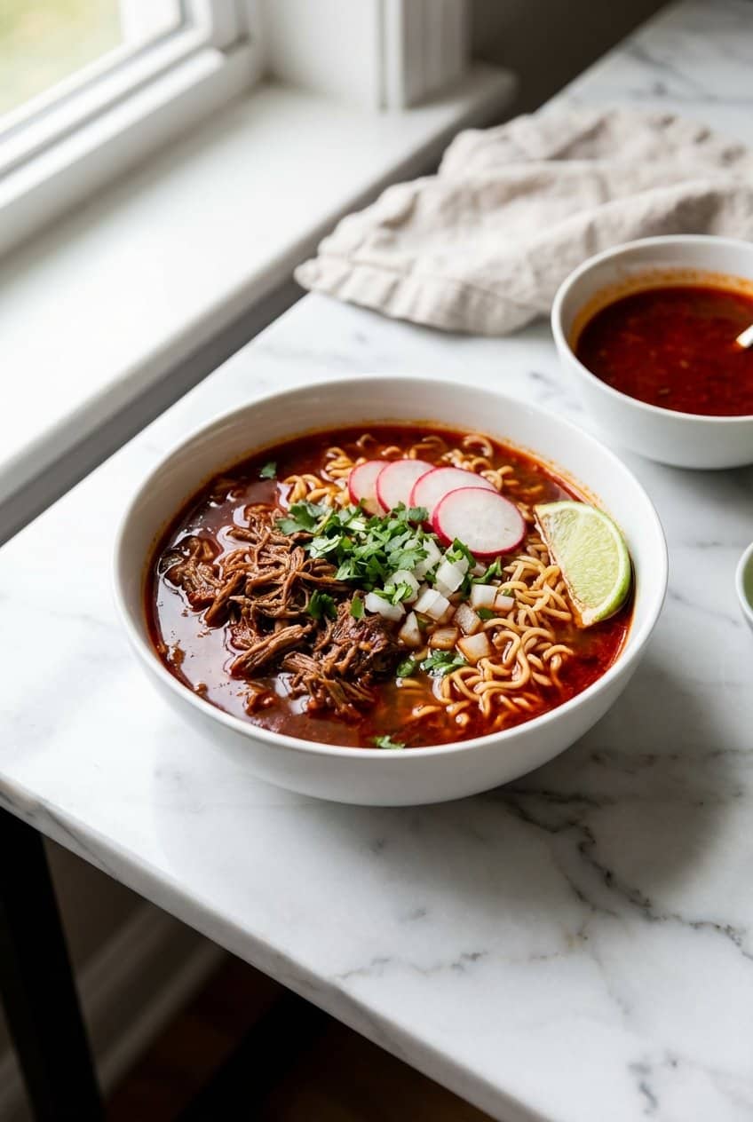 Birria ramen in a white ceramic bowl with rich red consomme broth, shredded beef, ramen noodles, radishes, and cilantro