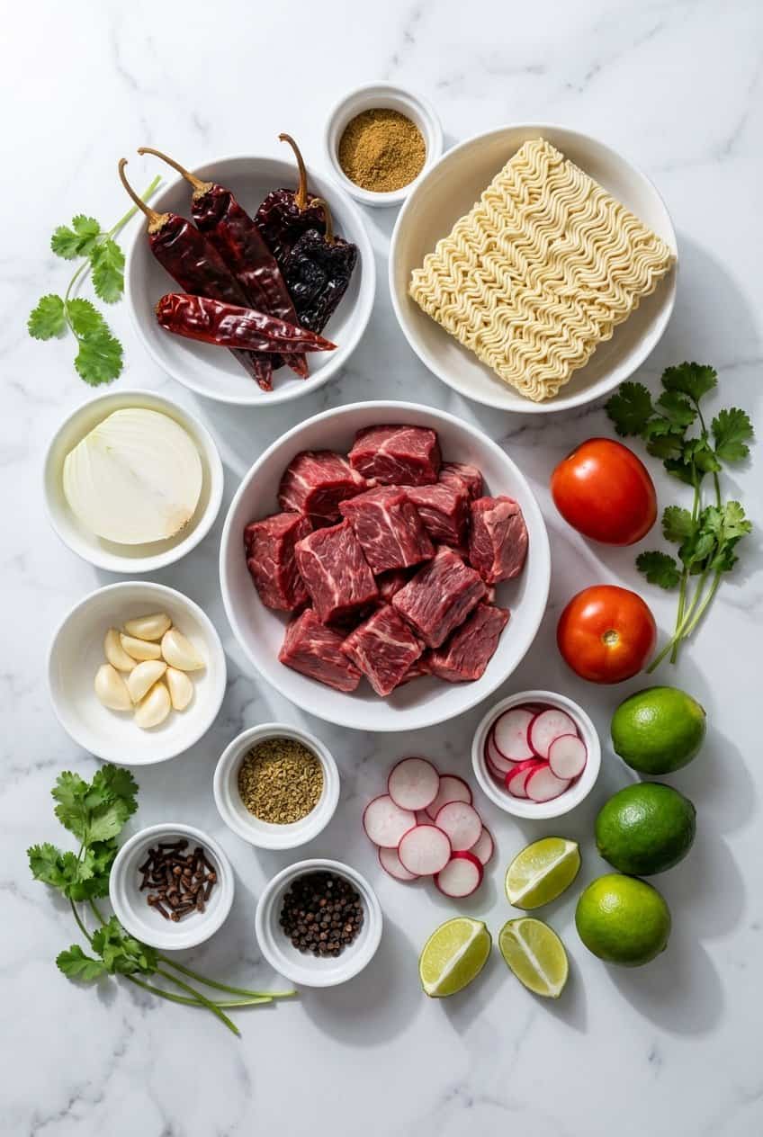 Raw ingredients for birria ramen laid out in white ceramic bowls on marble including beef chuck, dried chiles, ramen noodles, and spices