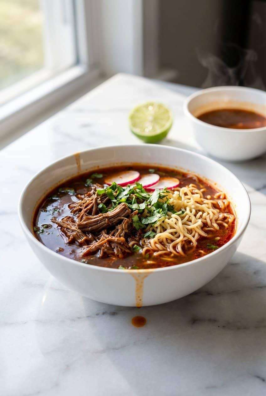 Single serving of birria ramen in a white bowl with rich red consomme broth, tender shredded beef, ramen noodles, cilantro, and radish