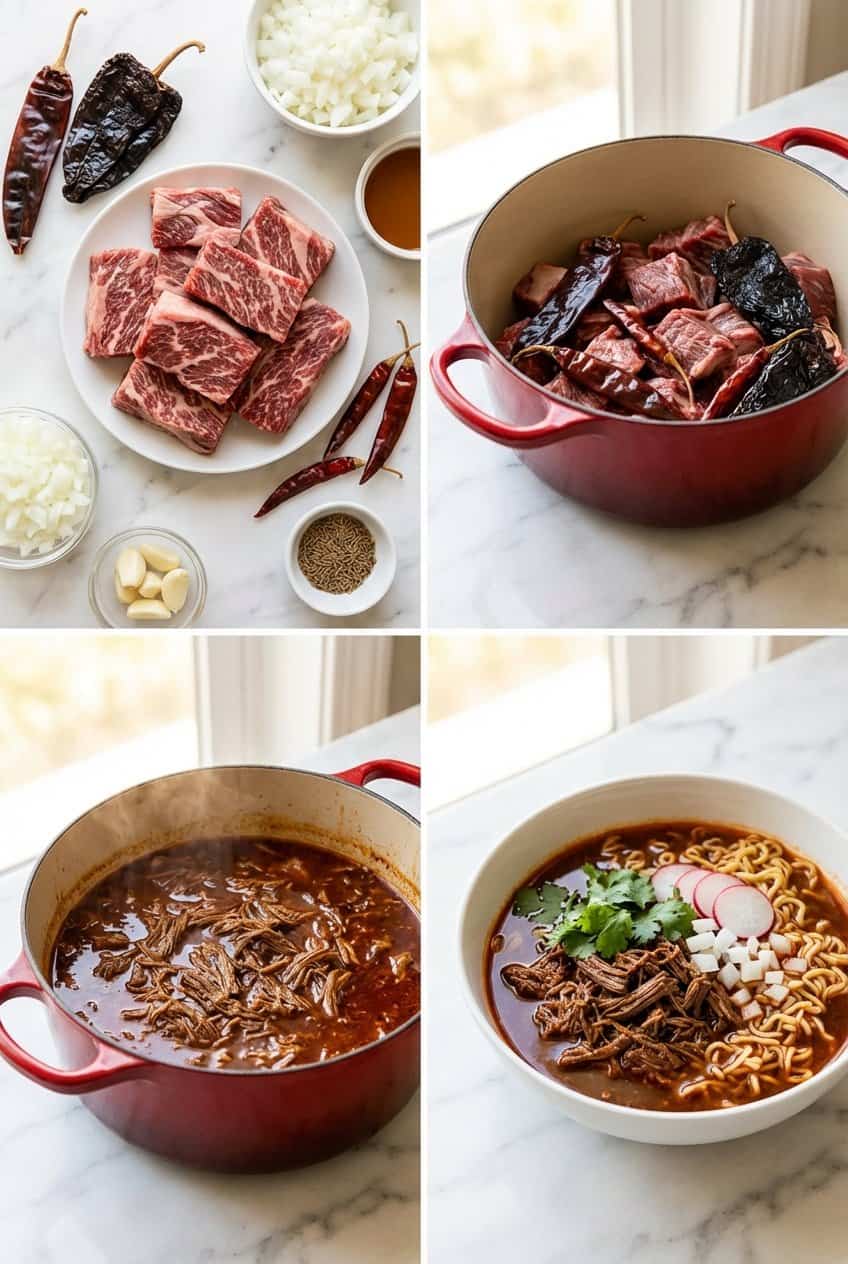 Four panel collage showing step by step process of making birria ramen from raw ingredients to finished bowl