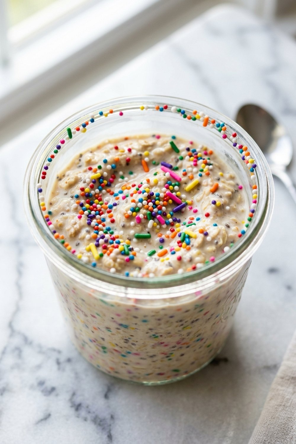 Birthday Cake Protein Overnight Oats close up