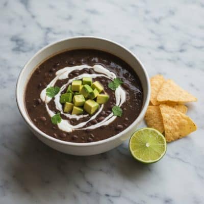 Black bean soup in a white ceramic bowl on marble