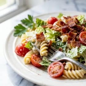 Close up of BLT Pasta Salad