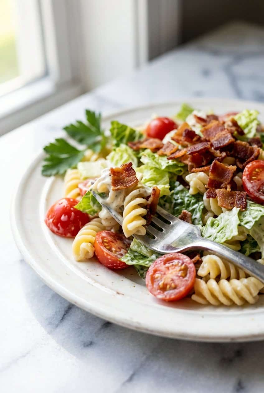 Close up of BLT Pasta Salad