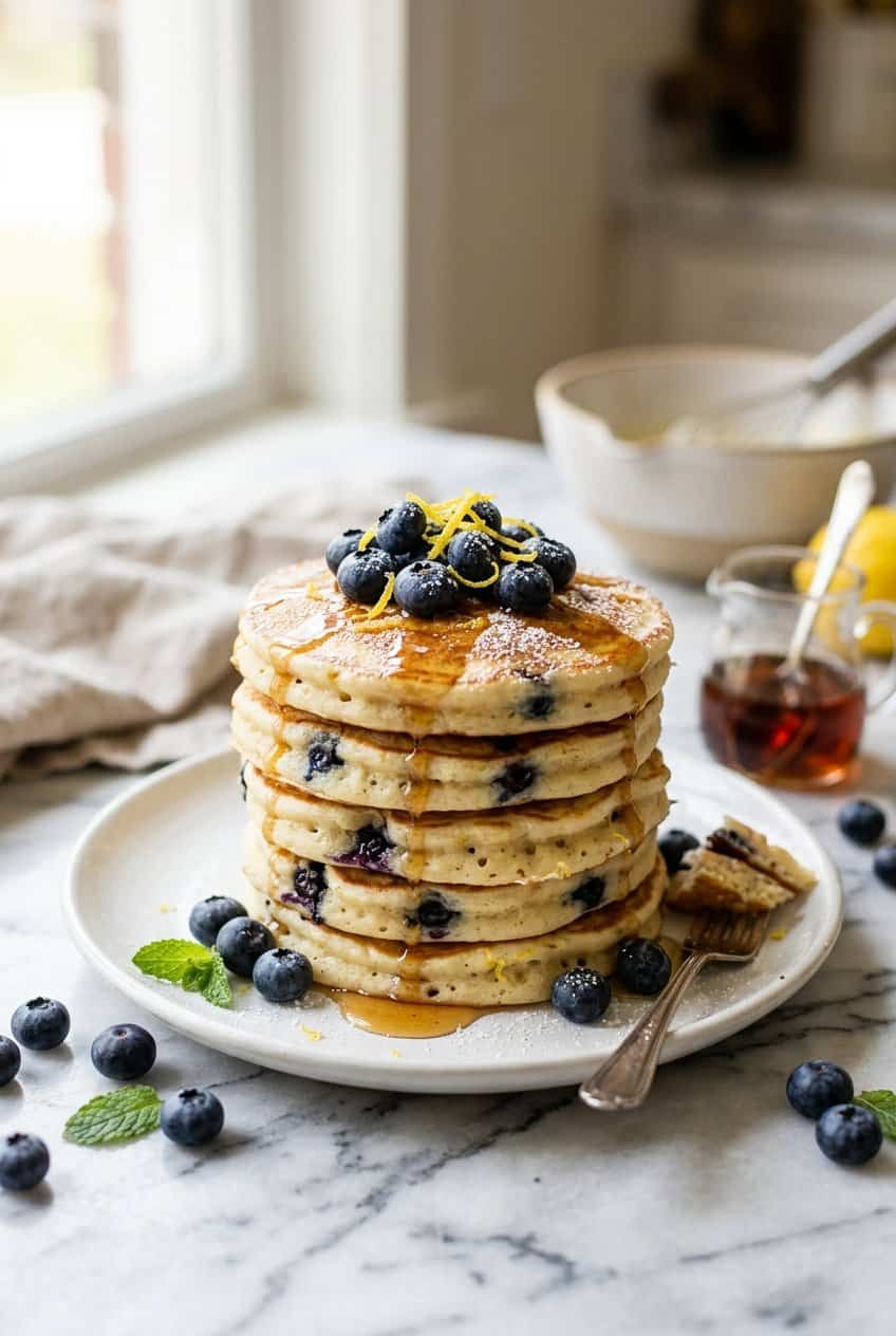 Blueberry lemon ricotta pancakes hero shot