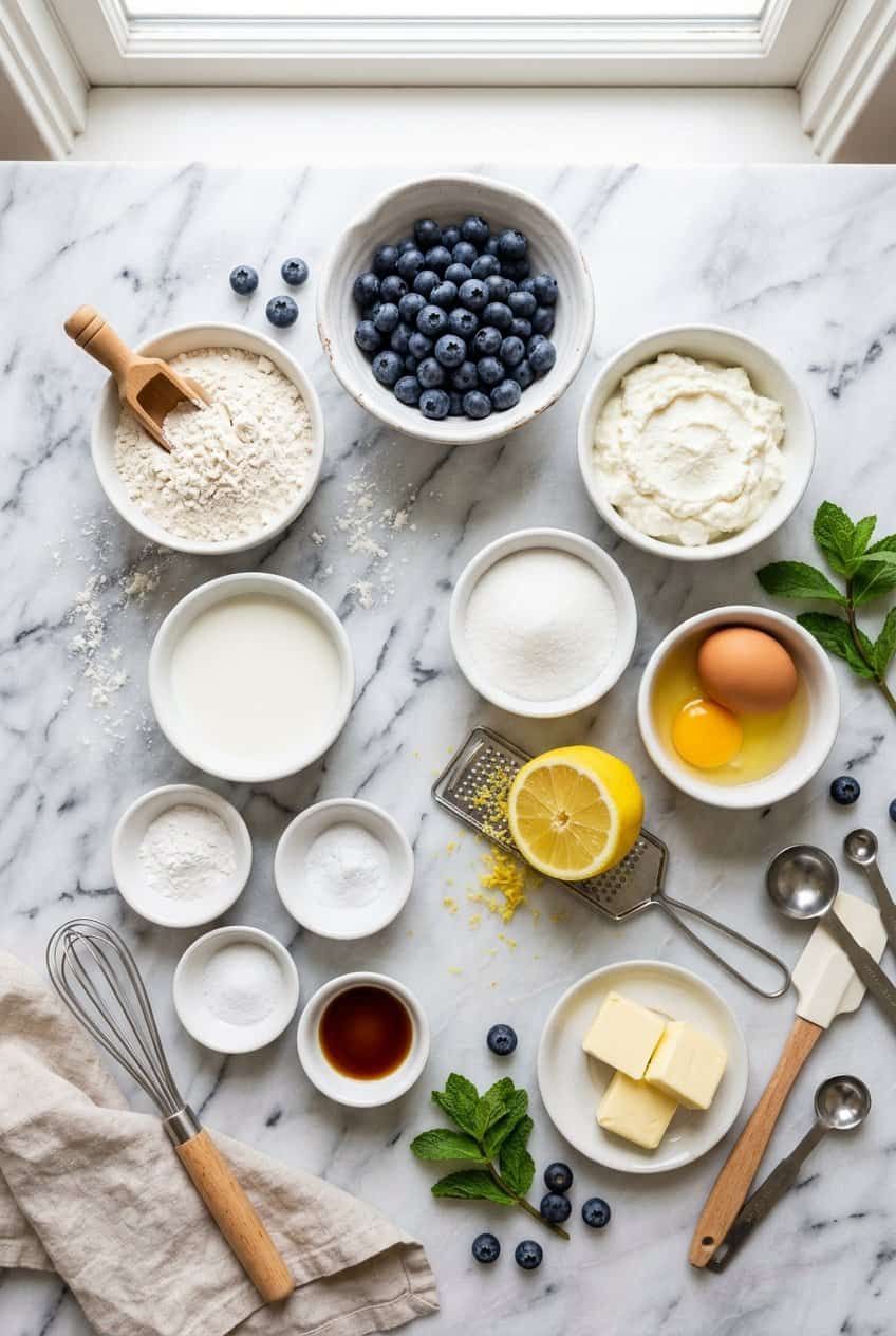 Ingredients for blueberry lemon ricotta pancakes