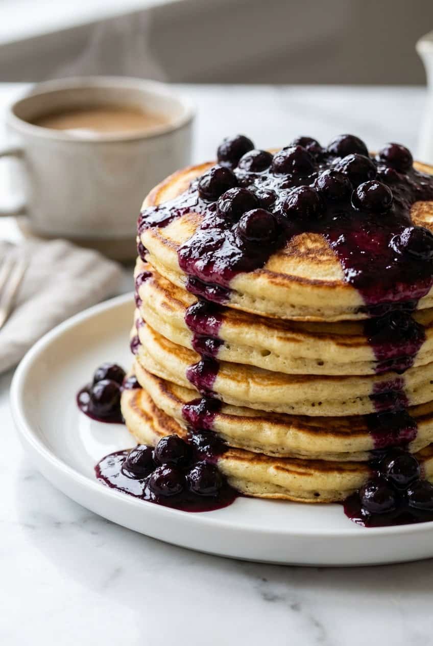 Close up of blueberry lemon ricotta pancakes
