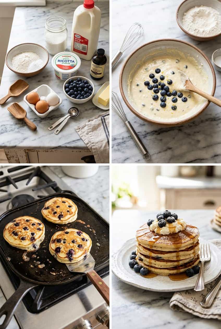 Step by step process for blueberry lemon ricotta pancakes