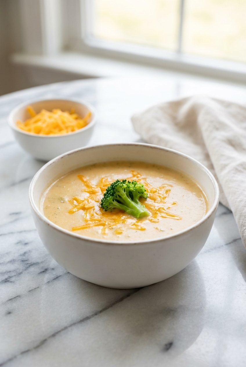 Lightened up broccoli cheddar soup in a white bowl with melted cheddar