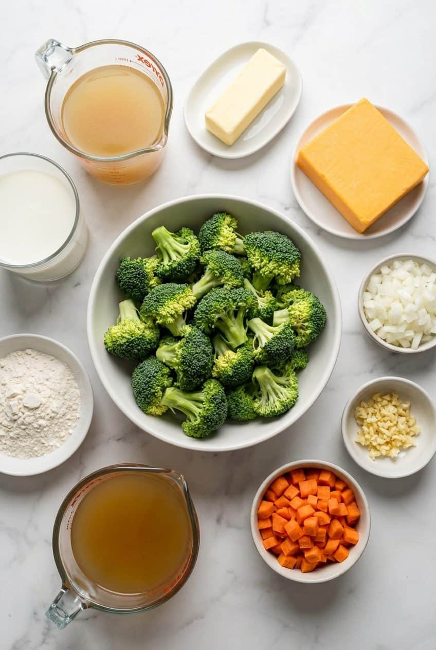 Raw ingredients for broccoli cheddar soup in white bowls on marble