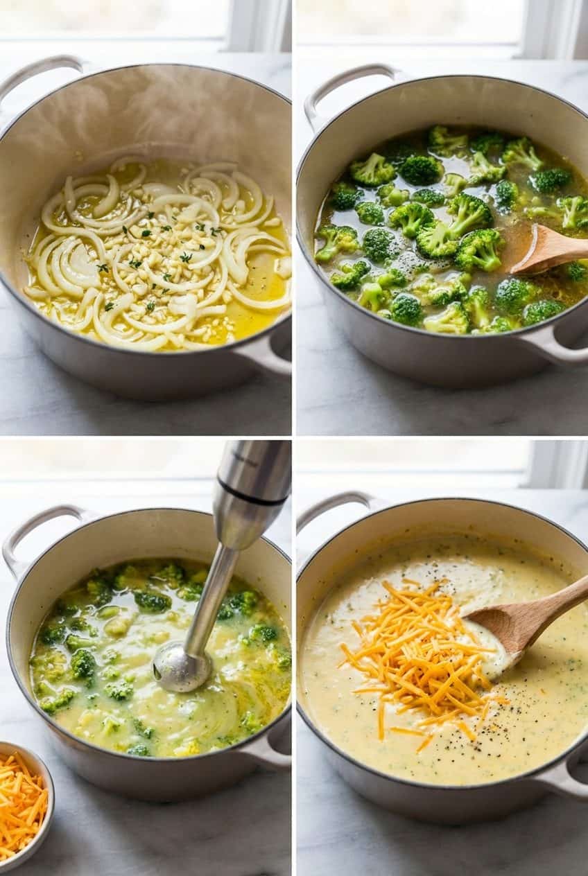 Step by step process of making broccoli cheddar soup