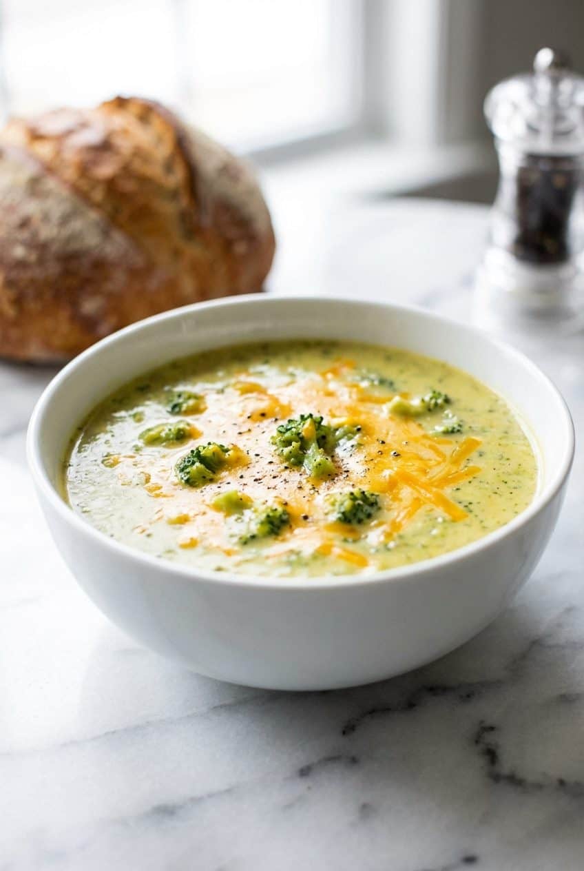 Single serving of broccoli cheddar soup with melted cheese on top