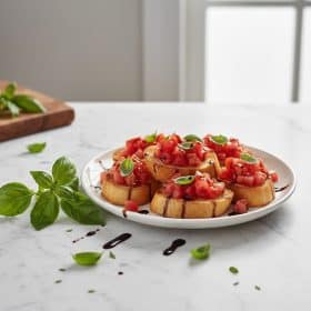 Bruschetta with tomato basil on a white ceramic plate on marble