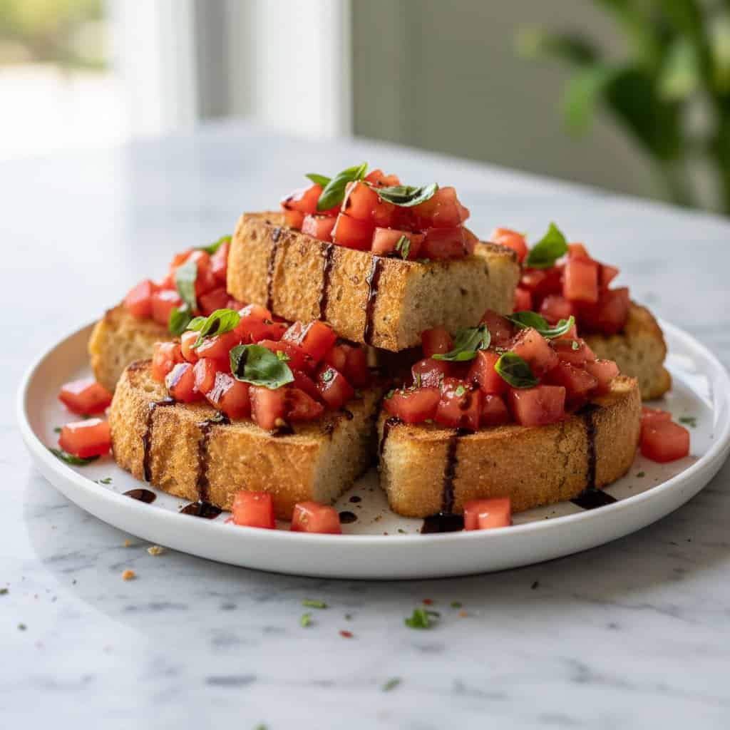 Close up of bruschetta with tomato basil