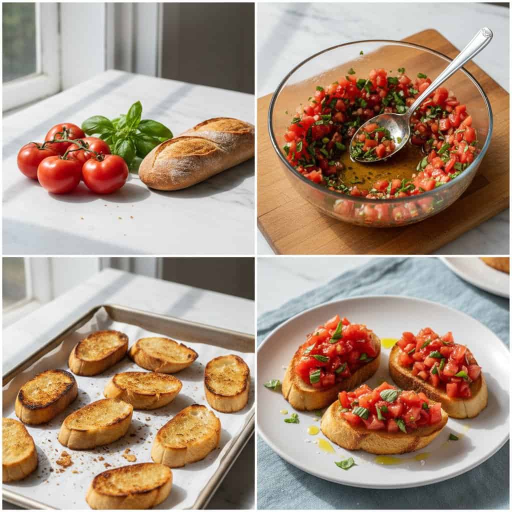 Step by step process for bruschetta with tomato basil
