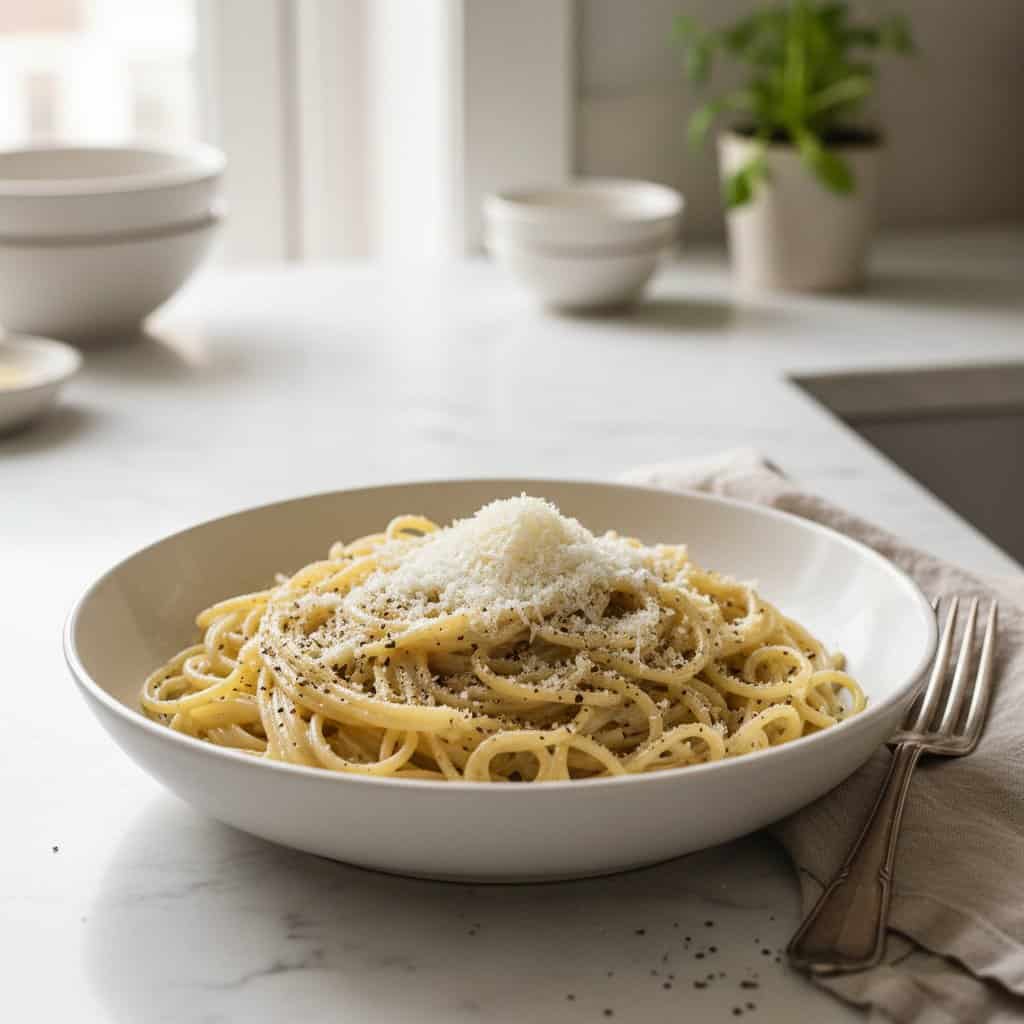 Cacio e pepe in a white ceramic bowl on marble