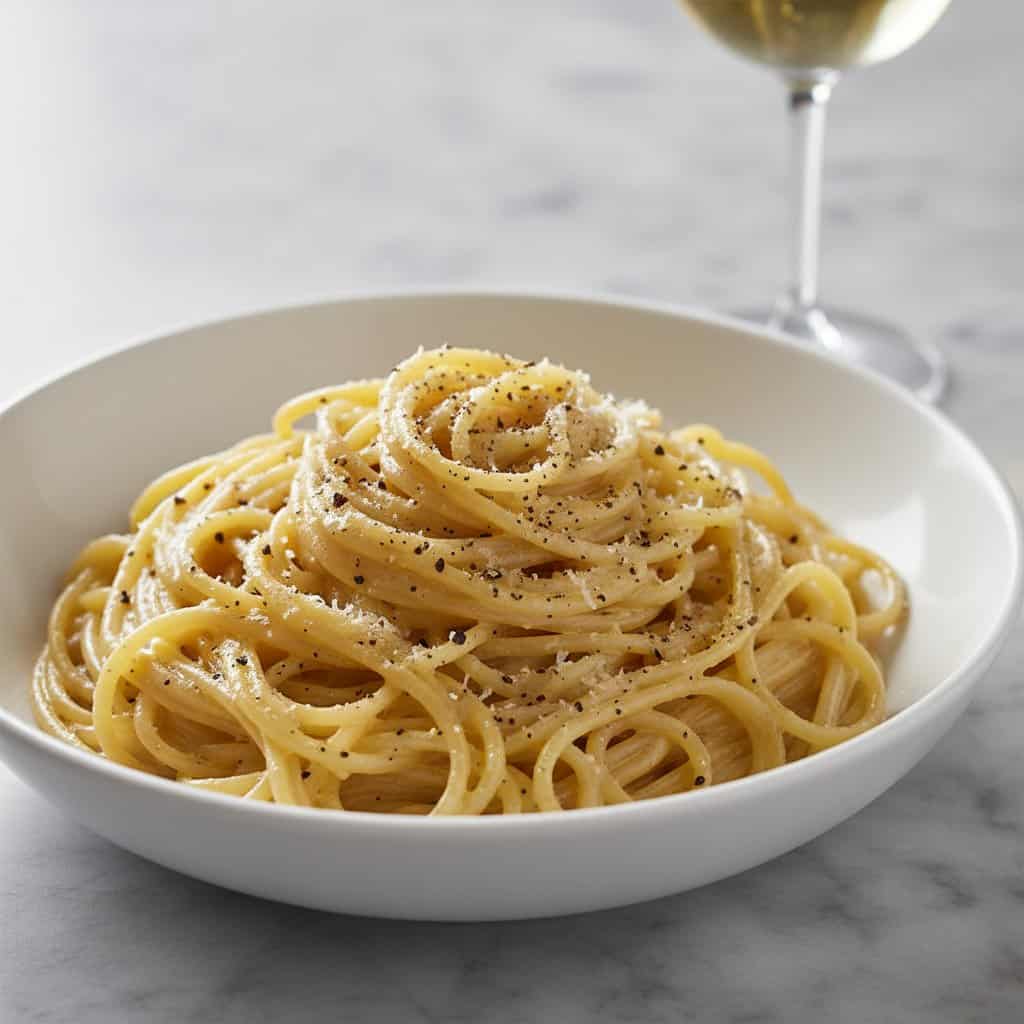 Close up of cacio e pepe with glossy cheese sauce and cracked pepper
