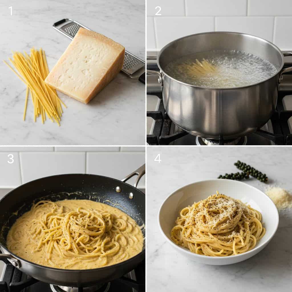 Step by step process of making cacio e pepe