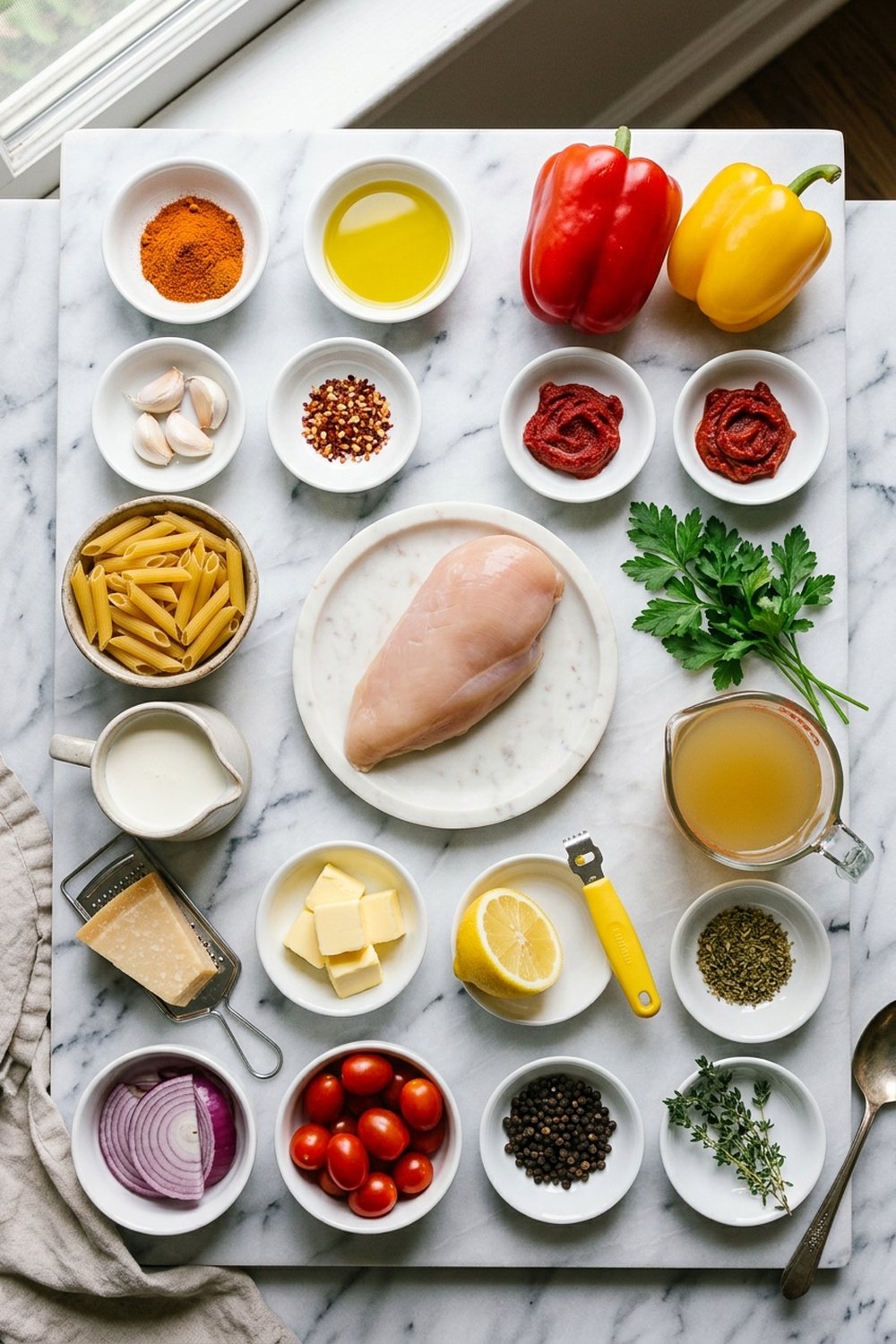 Flat lay of ingredients for creamy cajun chicken pasta on white marble