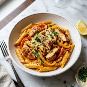 Creamy cajun chicken pasta with penne bell peppers and parsley in white bowl
