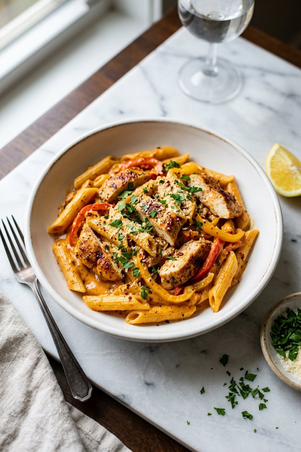 Creamy cajun chicken pasta with penne bell peppers and parsley in white bowl