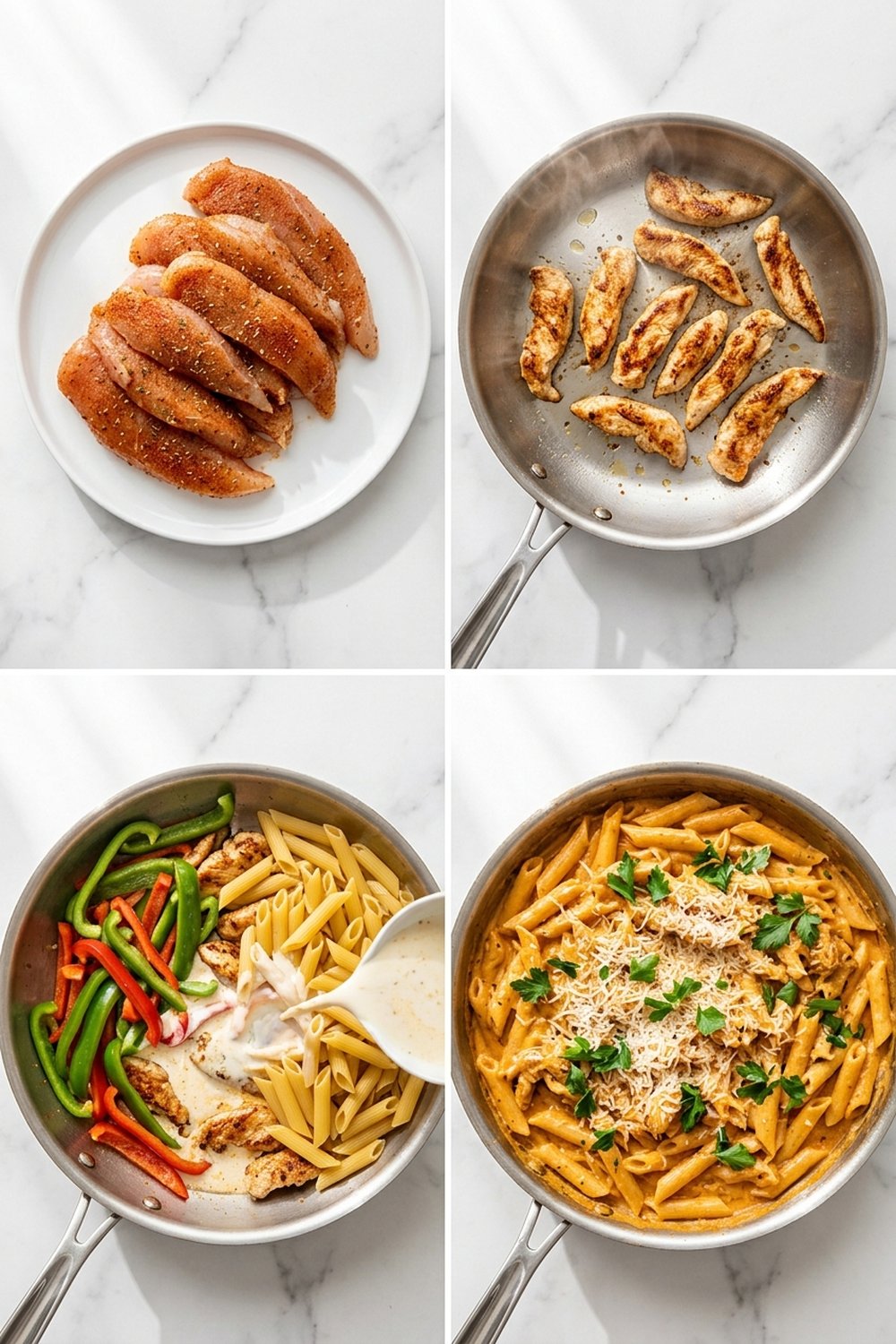 Four step process collage for creamy cajun chicken pasta