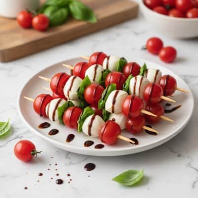 Caprese skewers on a white ceramic plate on marble