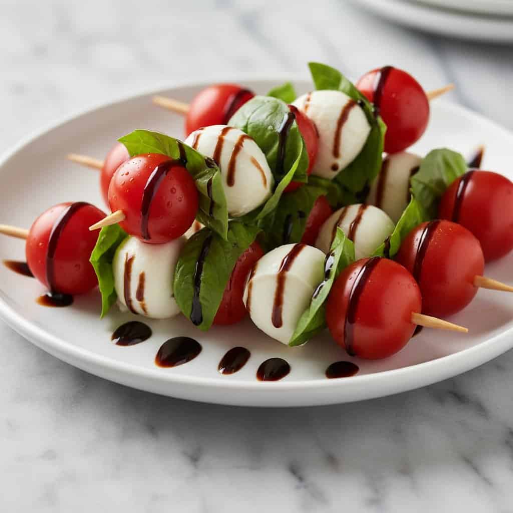 Close up of caprese skewers