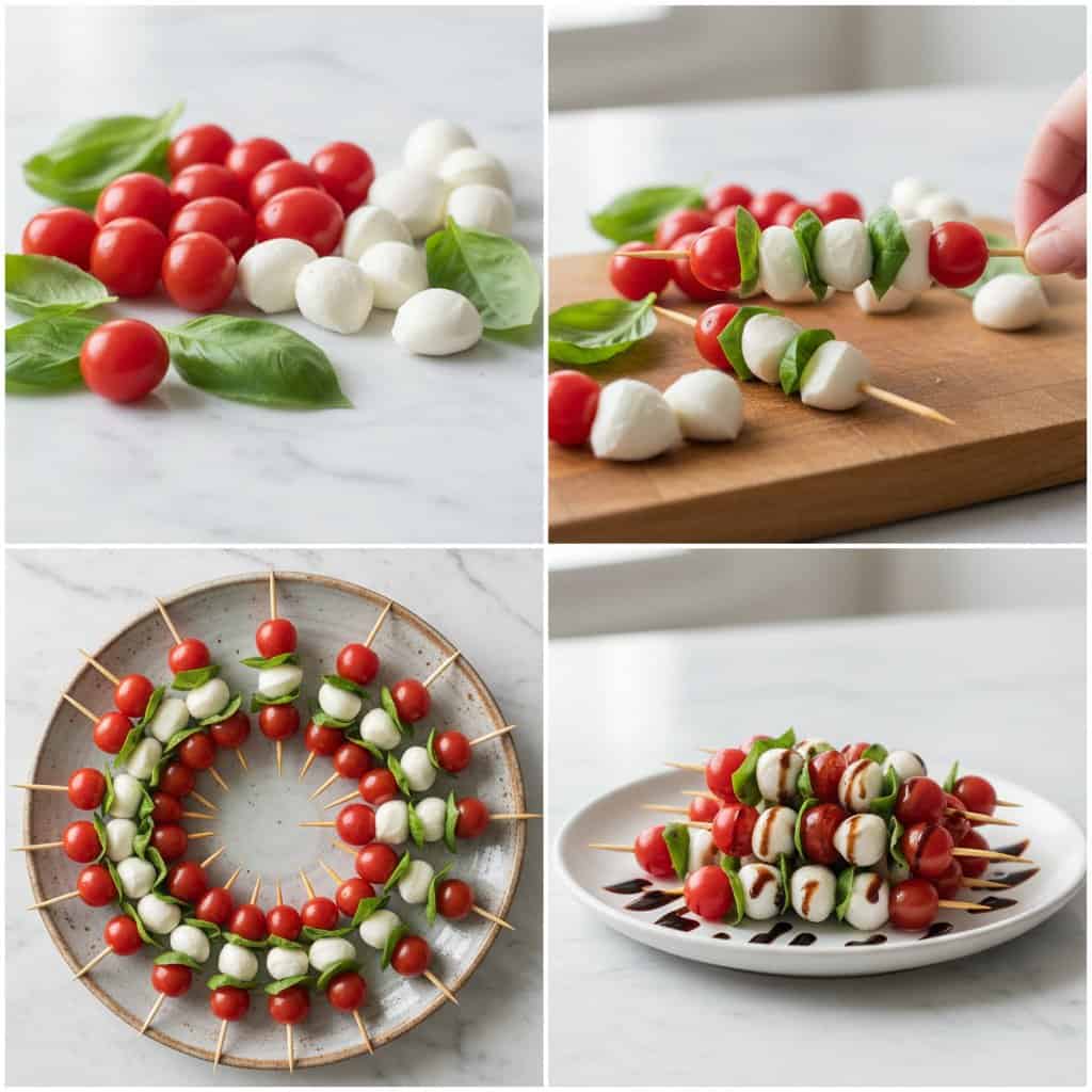 Step by step process for caprese skewers