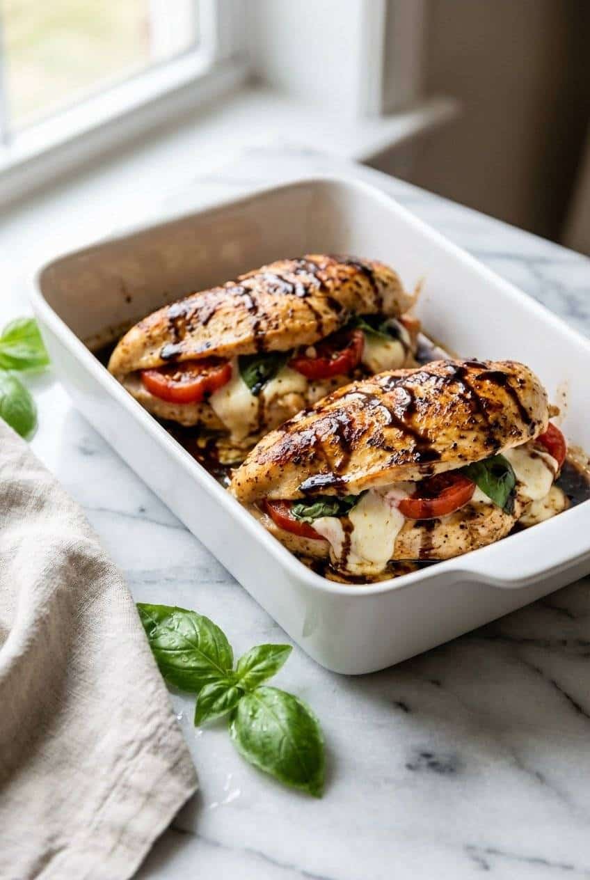Golden caprese stuffed chicken breasts in a white baking dish with balsamic glaze and fresh basil
