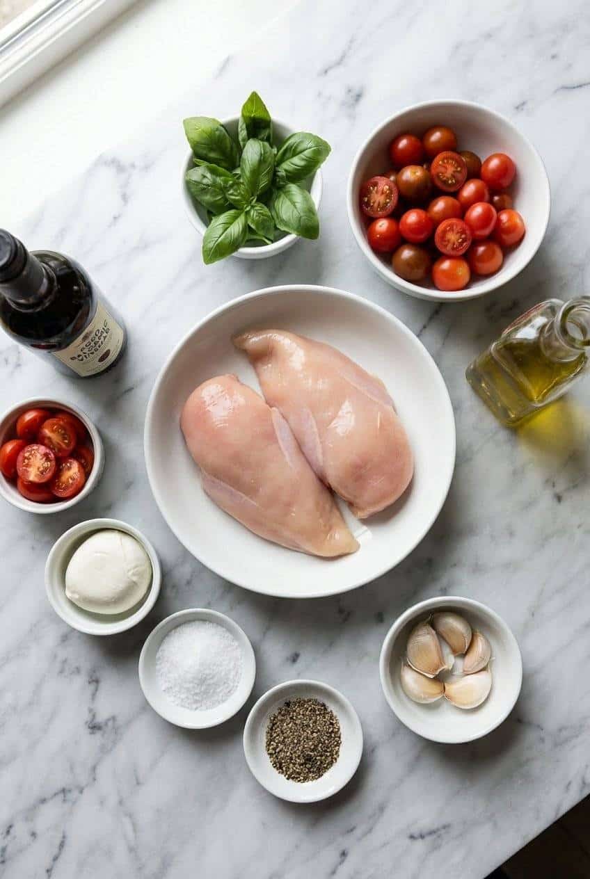 Raw ingredients for caprese stuffed chicken laid out in white bowls on marble