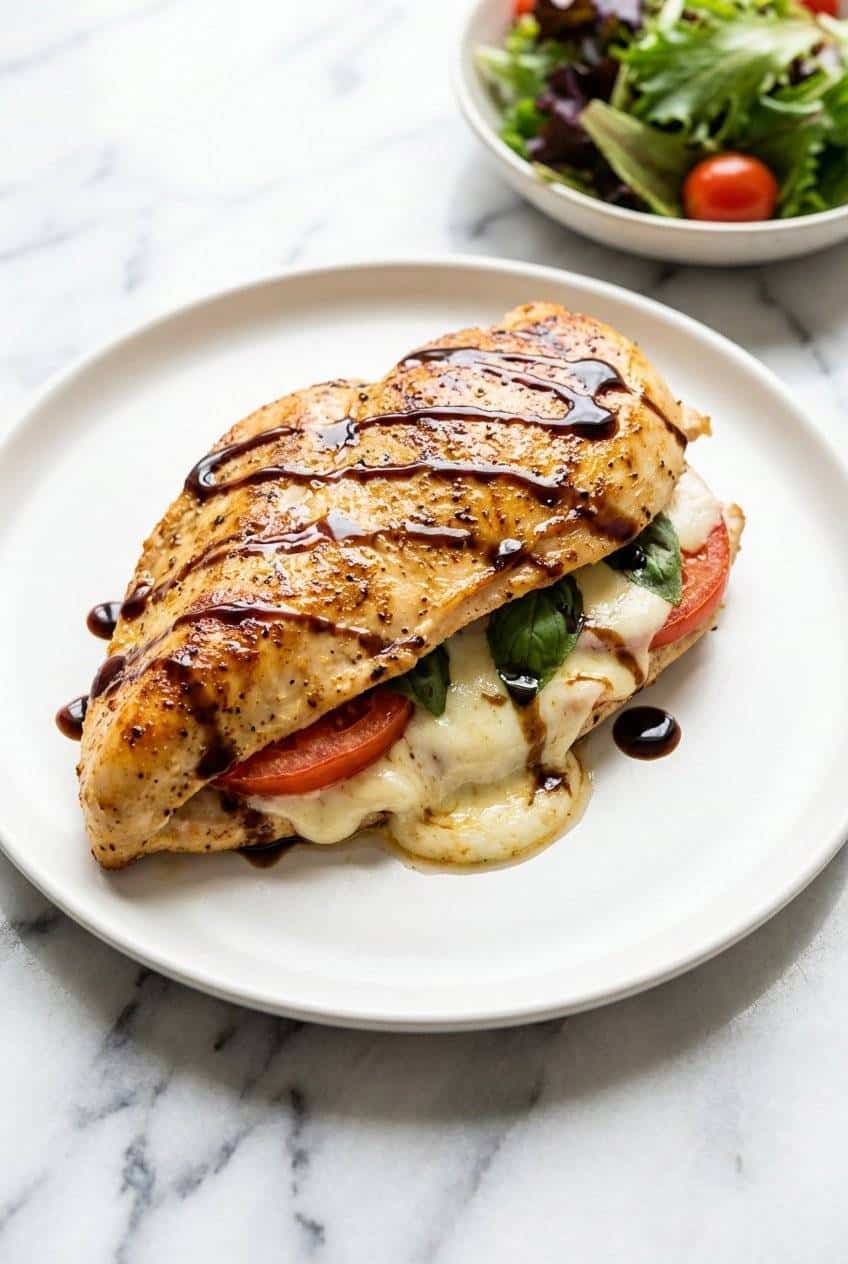 Close up of sliced caprese stuffed chicken with melted mozzarella and balsamic glaze