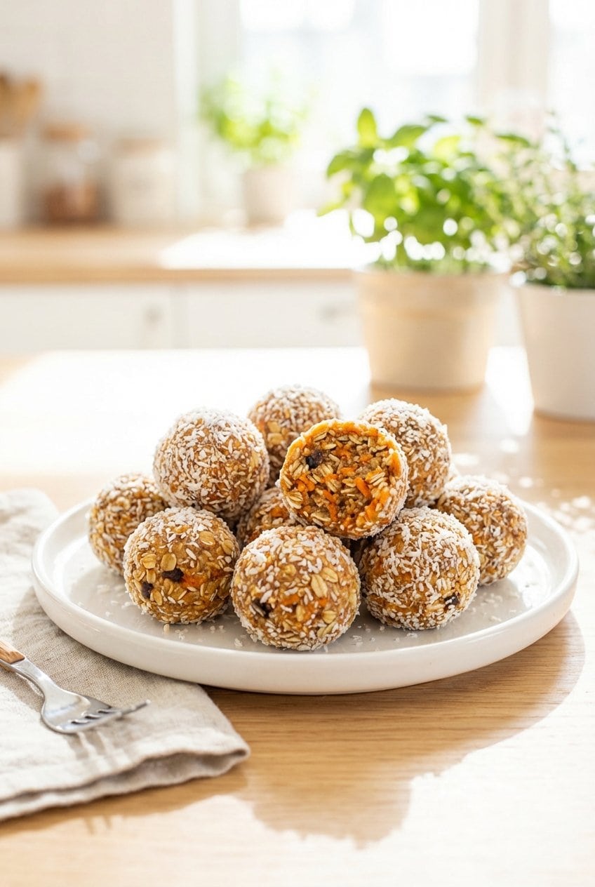 Close up of carrot cake energy balls with coconut coating