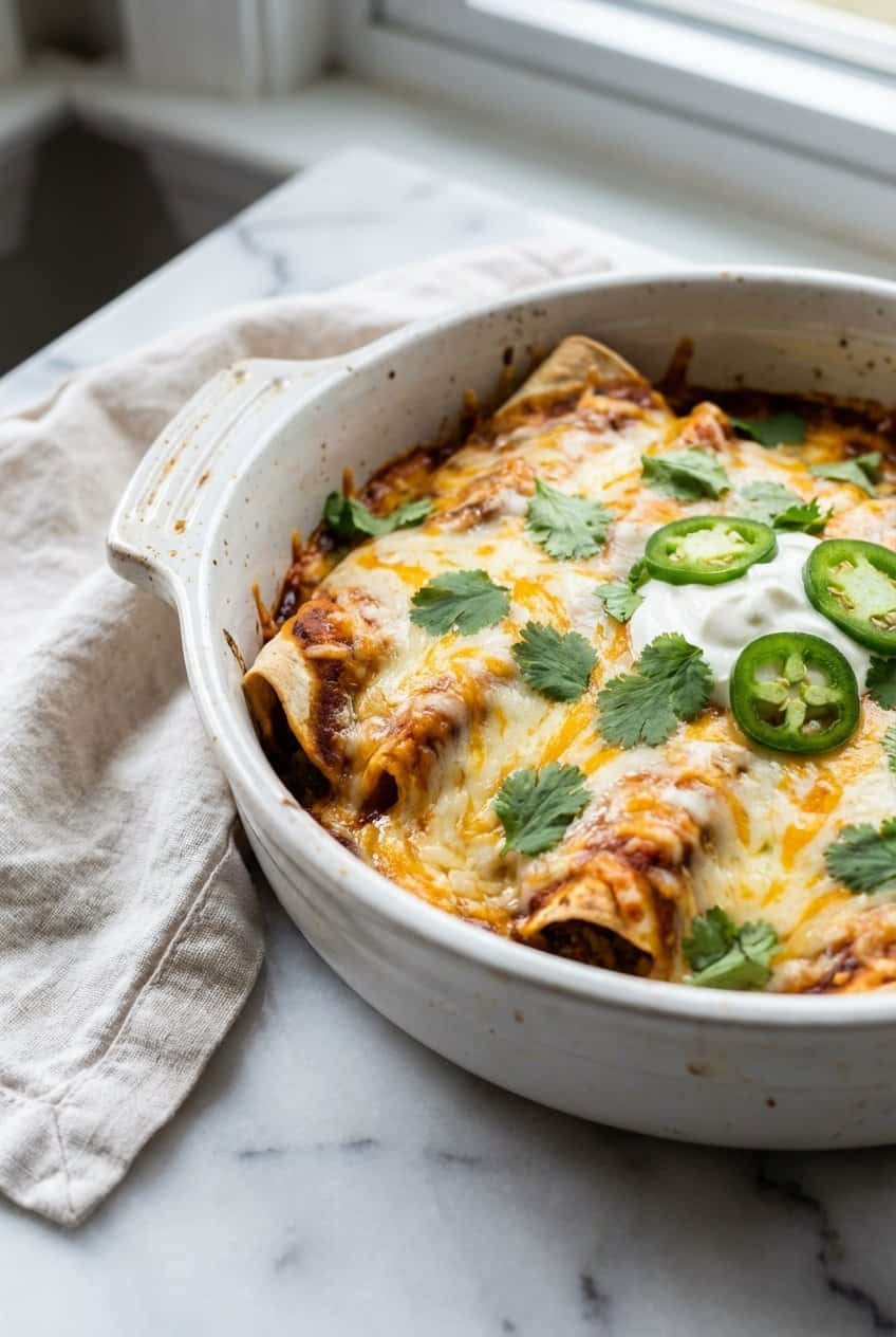 Cheesy beef enchiladas in a white baking dish with melted cheese and red sauce