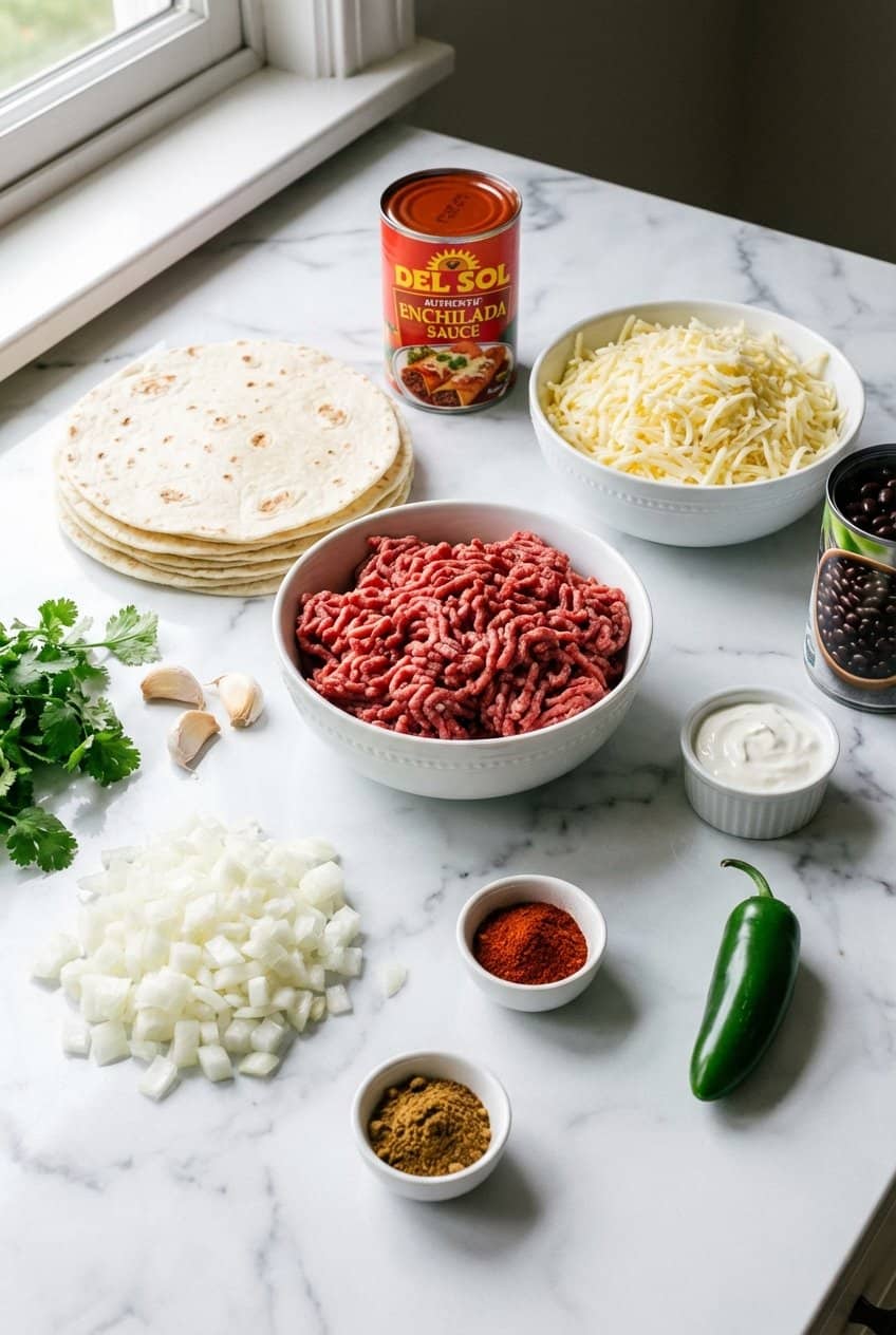 Raw ingredients for cheesy beef enchiladas laid out on marble