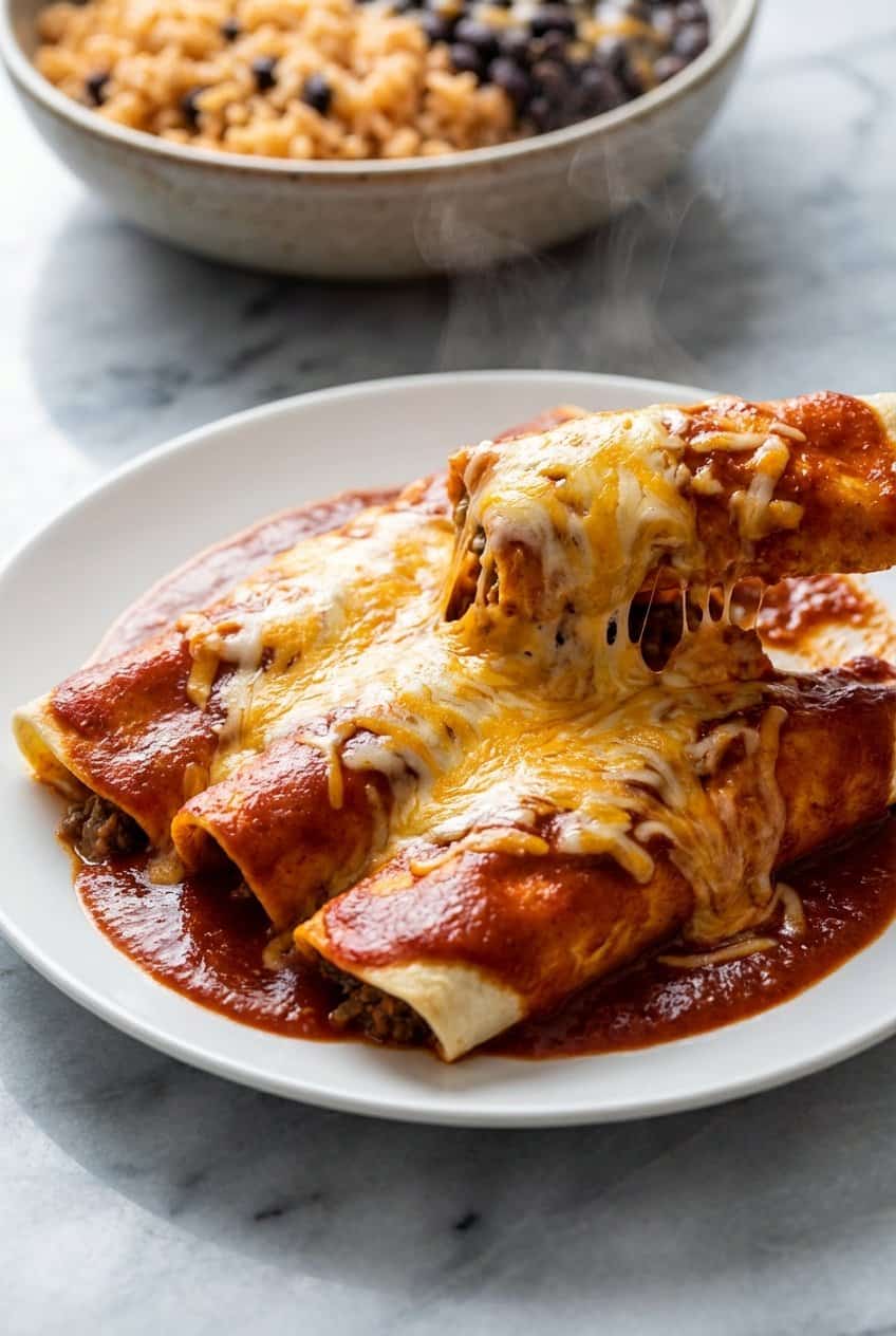 Close up of cheesy beef enchiladas with melted cheese and red sauce