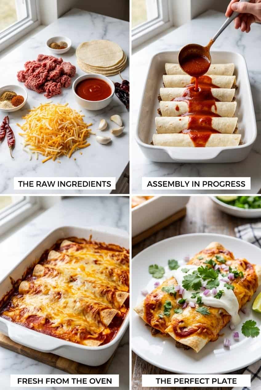 Step by step process of making cheesy beef enchiladas