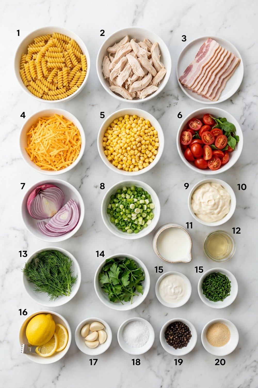 Flat lay of ingredients for chicken bacon ranch pasta salad on white marble