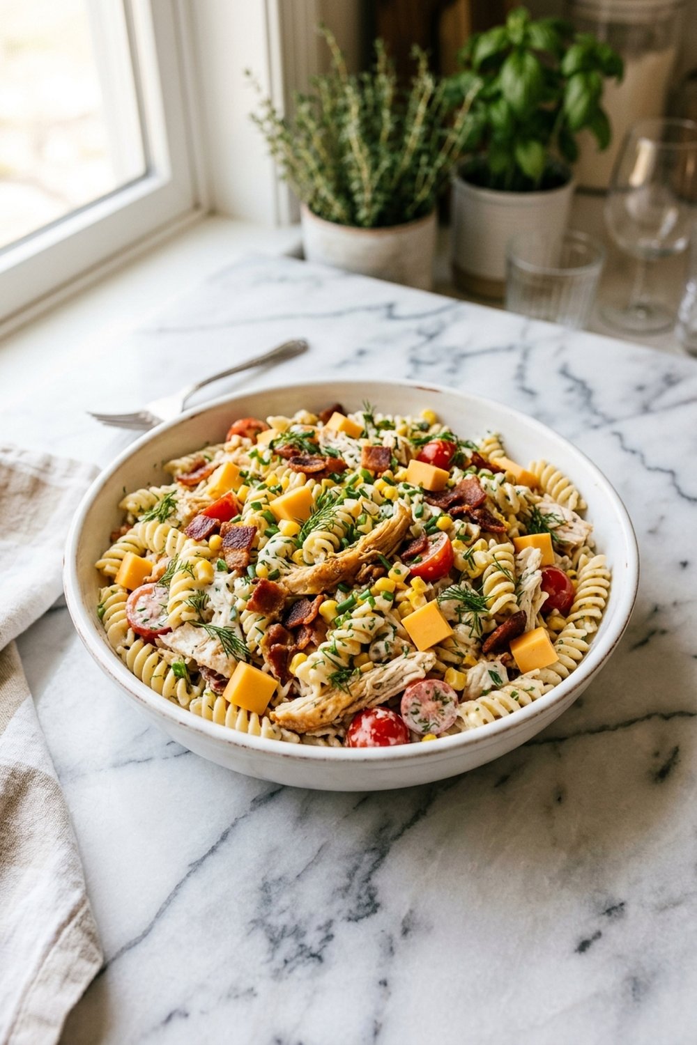 Chicken bacon ranch pasta salad in white bowl with rotini and fresh herbs