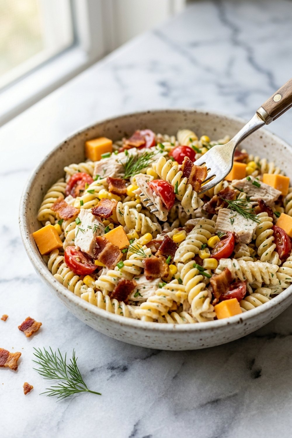 Close up of chicken bacon ranch pasta salad with creamy ranch dressing