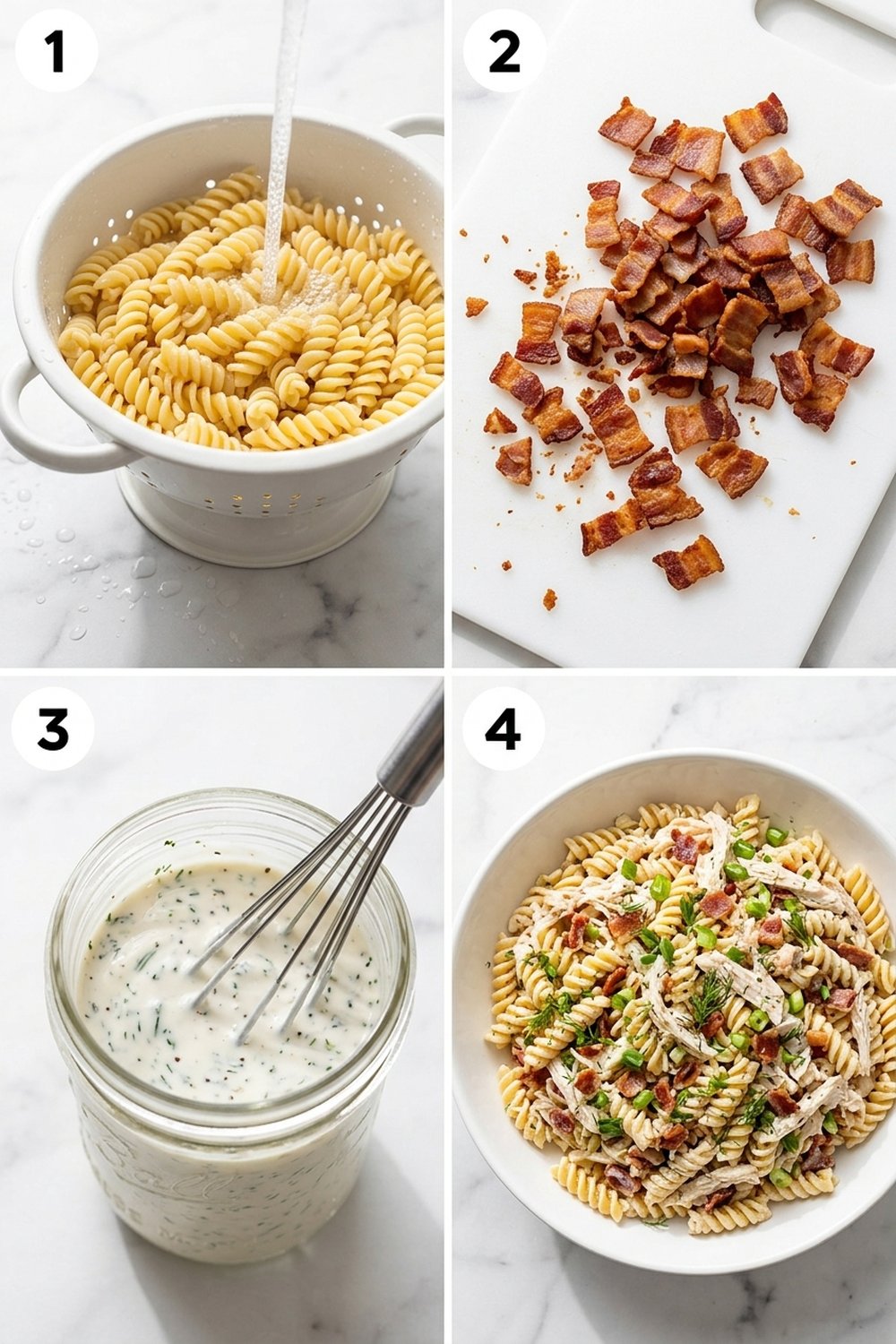 Four step process collage for chicken bacon ranch pasta salad