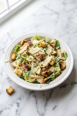 Chicken Caesar Pasta Salad served on a plate