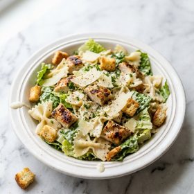Chicken Caesar Pasta Salad served on a plate