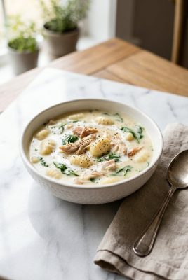 Creamy chicken gnocchi soup in a white bowl on marble