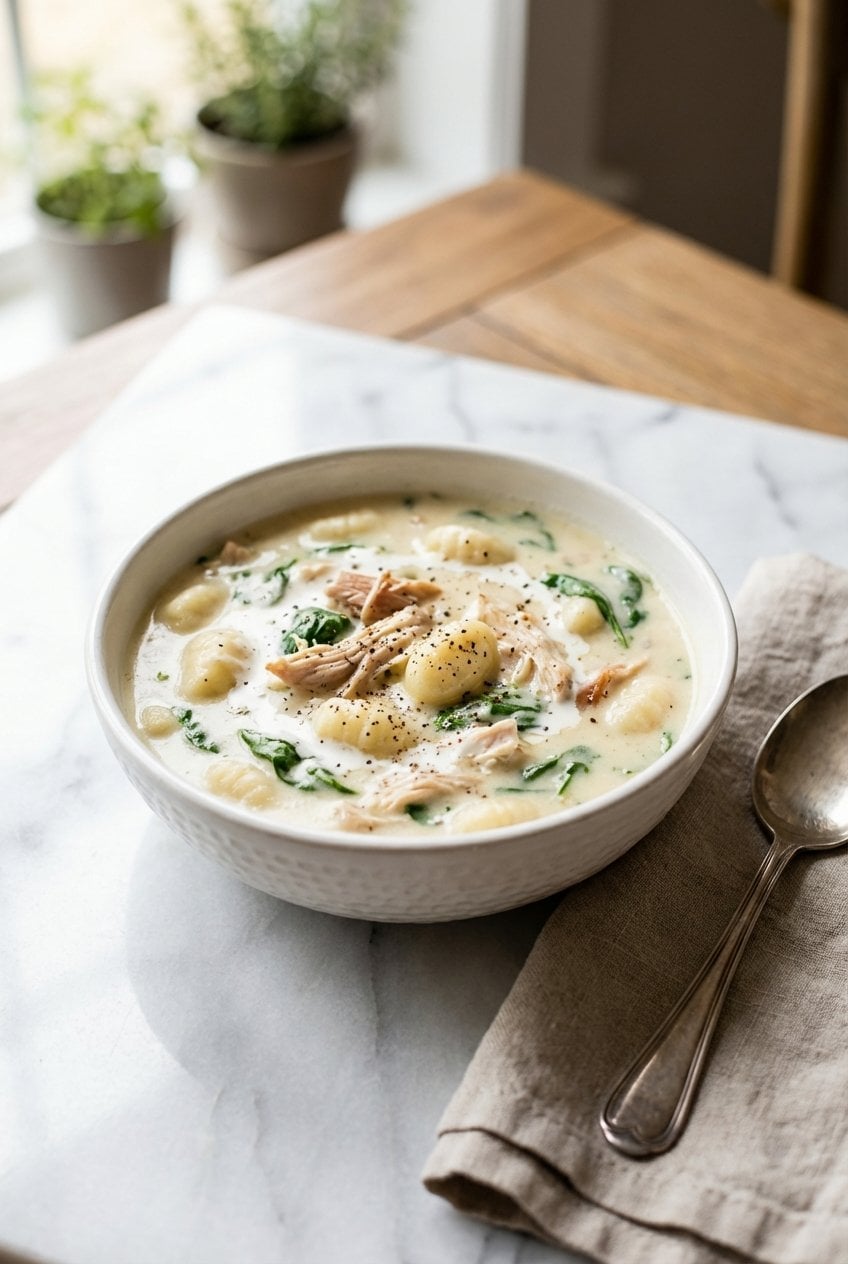 Creamy chicken gnocchi soup in a white bowl on marble