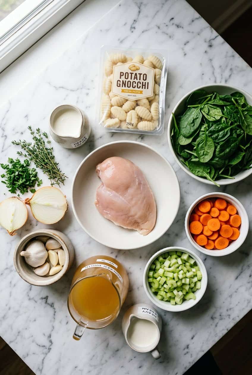 Raw ingredients for chicken gnocchi soup